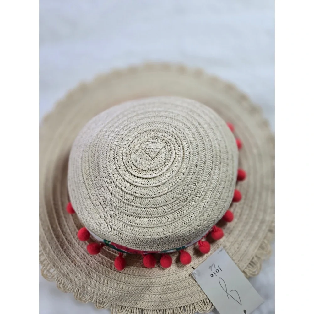 Joie Kids Straw Sun Beach Garden Hat Watermelon Print Pom Pom Scalloped Brim NEW